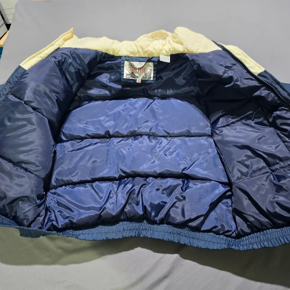 Stone Ridge Puffer Jacket Mens Medium Navy Cream Vintage Down Insulated Hooded